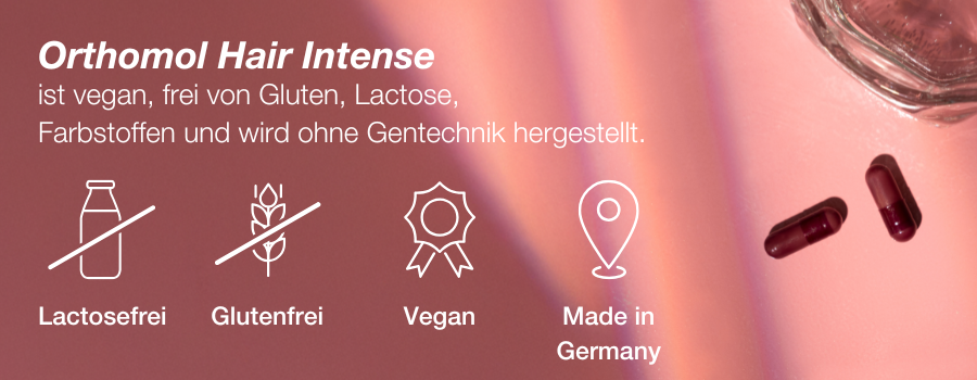 Schwarze Schachtel mit Orthomol Hair Intense. Text: Mikronährstoffe für die Haare. Mit KeraLiacin.